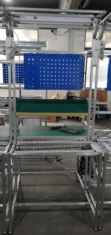 ESD Aluminum Profile Lean Workstation Rolling Steel Pipe Rack With Pegboard Flow Rack Plus LED Lighting